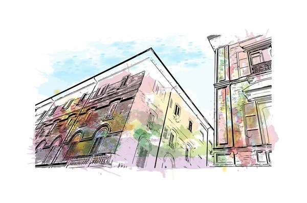 Print Building View Landmark Rimini Staden Italien Akvarell Stänk Med — Stock vektor