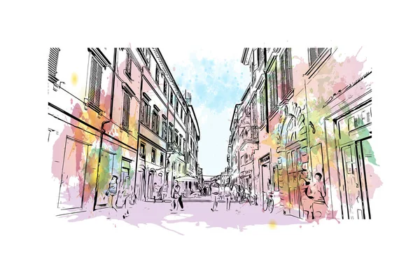 Imprimir Vista Edifício Com Marco Rimini Cidade Itália Desenho Desenhado — Vetor de Stock