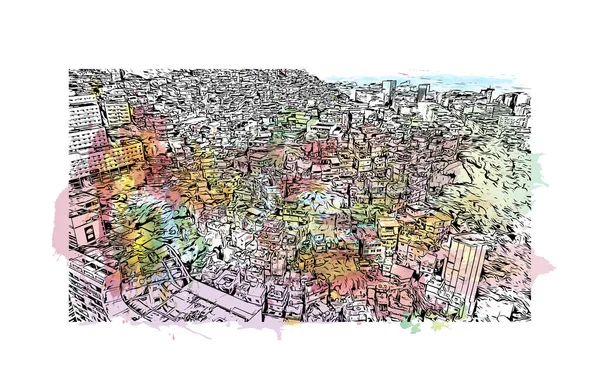具有里约热内卢地标的印刷建筑景观是巴西的城市 矢量手绘示意图水彩画 — 图库矢量图片
