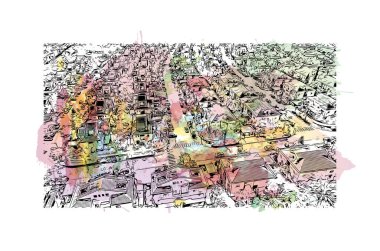 Print Building view with landmark of Rishon Lezion İsrail 'de bir şehirdir. Vektörde elle çizilmiş resim ile suluboya sıçraması.