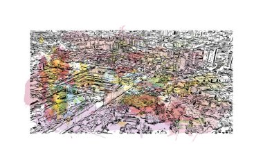 Print Building view with landmark of Rishon Lezion İsrail 'de bir şehirdir. Vektörde elle çizilmiş resim ile suluboya sıçraması.