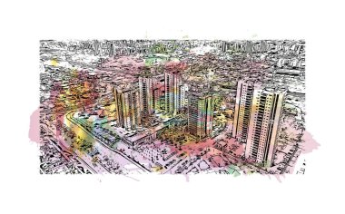 Print Building view with landmark of Rishon Lezion İsrail 'de bir şehirdir. Vektörde elle çizilmiş resim ile suluboya sıçraması.