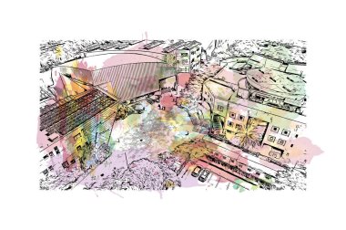 Print Building view with landmark of Rishon Lezion İsrail 'de bir şehirdir. Vektörde elle çizilmiş resim ile suluboya sıçraması.