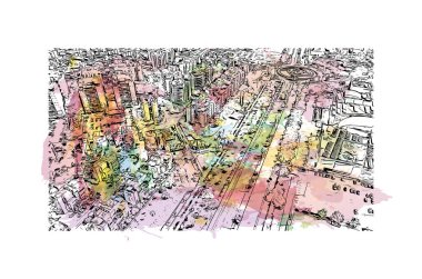 Print Building view with landmark of Rishon Lezion İsrail 'de bir şehirdir. Vektörde elle çizilmiş resim ile suluboya sıçraması.