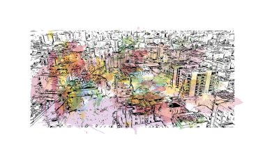 Print Building view with landmark of Rishon Lezion İsrail 'de bir şehirdir. Vektörde elle çizilmiş resim ile suluboya sıçraması.