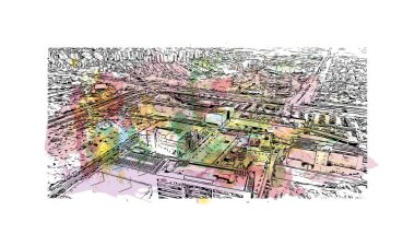 Print Building view with landmark of Rishon Lezion İsrail 'de bir şehirdir. Vektörde elle çizilmiş resim ile suluboya sıçraması.