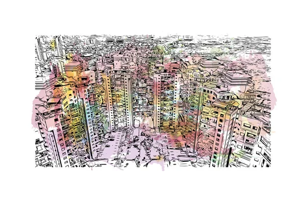 Print Building View Landmark Rishon Lezion City Israel Watercolor Splash — Stock Vector