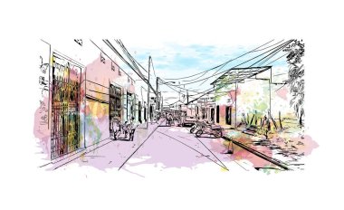 Rivas 'ın dönüm noktası olan Print Building View Nikaragua' da yer almaktadır. Vektörde elle çizilmiş resim ile suluboya sıçraması.