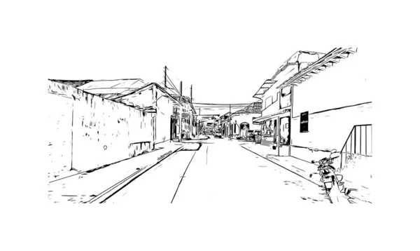 Print Building Vista Com Marco Rivas Cidade Nicarágua Desenho Desenhado — Vetor de Stock