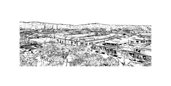 具有里瓦斯地标的印刷建筑景观是尼加拉瓜的城市 矢量手绘草图 — 图库矢量图片