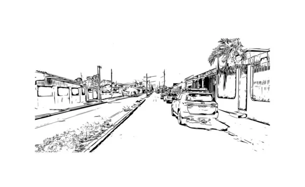 具有里瓦斯地标的印刷建筑景观是尼加拉瓜的城市 矢量手绘草图 — 图库矢量图片