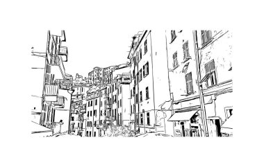 Riviera Maya manzaralı Print Building, Meksika 'da bir turizm ve tatil beldesi. Vektörde elle çizilmiş çizim çizimi.