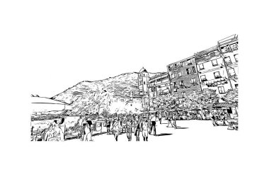 Riviera Maya manzaralı Print Building, Meksika 'da bir turizm ve tatil beldesi. Vektörde elle çizilmiş çizim çizimi.