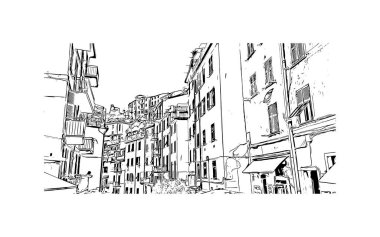 Riviera Maya manzaralı Print Building, Meksika 'da bir turizm ve tatil beldesi. Vektörde elle çizilmiş çizim çizimi.