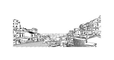 Riviera Maya manzaralı Print Building, Meksika 'da bir turizm ve tatil beldesi. Vektörde elle çizilmiş çizim çizimi.