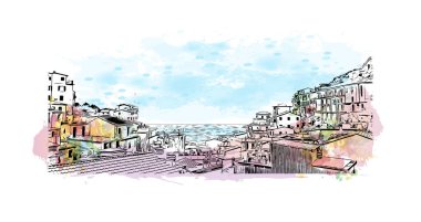 Riviera Maya manzaralı Print Building, Meksika 'da bir turizm ve tatil beldesi. Vektörde elle çizilmiş resim ile suluboya sıçraması.
