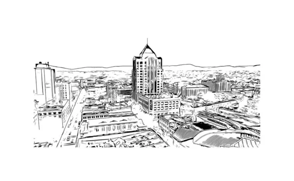 印刷ロアノークのランドマークとビルの景色はバージニア州の独立した都市です 手描きのスケッチ図ベクトル — ストックベクタ
