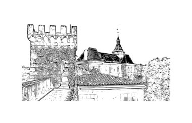 Rocamadour 'un simgesi olan Print Building view Fransa' da bir komün. Vektörde elle çizilmiş çizim çizimi.
