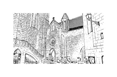 Rocamadour 'un simgesi olan Print Building view Fransa' da bir komün. Vektörde elle çizilmiş çizim çizimi.