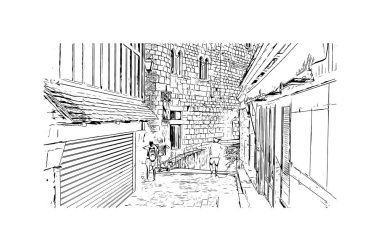 Rocamadour 'un simgesi olan Print Building view Fransa' da bir komün. Vektörde elle çizilmiş çizim çizimi.