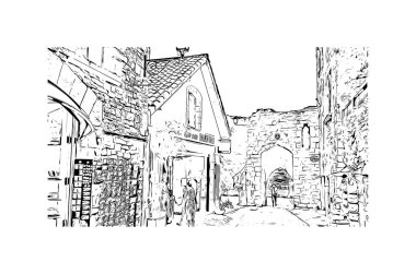 Rocamadour 'un simgesi olan Print Building view Fransa' da bir komün. Vektörde elle çizilmiş çizim çizimi.