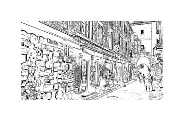 Rocamadour 'un simgesi olan Print Building view Fransa' da bir komün. Vektörde elle çizilmiş çizim çizimi.