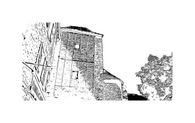 Rocamadour 'un simgesi olan Print Building view Fransa' da bir komün. Vektörde elle çizilmiş çizim çizimi.