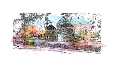 Rocamadour 'un simgesi olan Print Building view Fransa' da bir komün. Vektörde elle çizilmiş resim ile suluboya sıçraması.