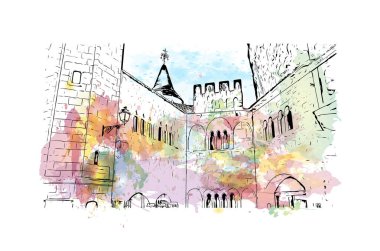 Rocamadour 'un simgesi olan Print Building view Fransa' da bir komün. Vektörde elle çizilmiş resim ile suluboya sıçraması.