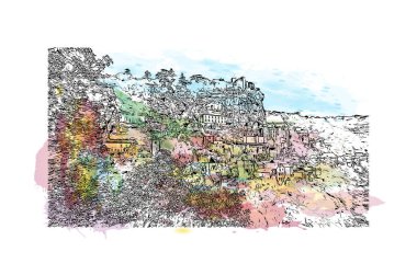 Rocamadour 'un simgesi olan Print Building view Fransa' da bir komün. Vektörde elle çizilmiş resim ile suluboya sıçraması.