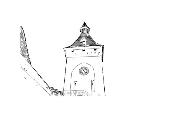 Imprimir Vista Del Edificio Con Hito Rocamadour Comuna Francia Dibujo — Archivo Imágenes Vectoriales