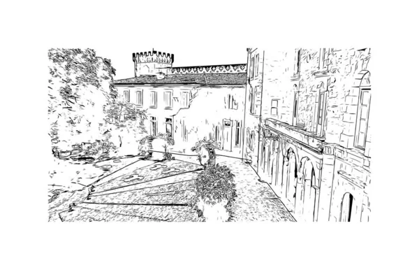 Tisk Pohled Budovu Orientačním Bodem Rocamadour Obcí Francii Ručně Kreslená — Stockový vektor