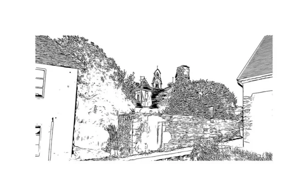 Print Building View Landmark Rocamadour Kommunen Frankrike Handritad Skiss Illustration — Stock vektor