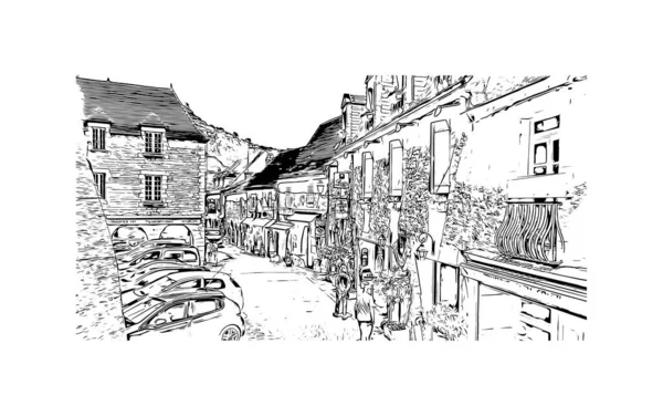 Imprimir Vista Del Edificio Con Hito Rocamadour Comuna Francia Dibujo — Archivo Imágenes Vectoriales
