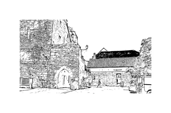 Print Building View Landmark Rocamadour Kommunen Frankrike Handritad Skiss Illustration — Stock vektor