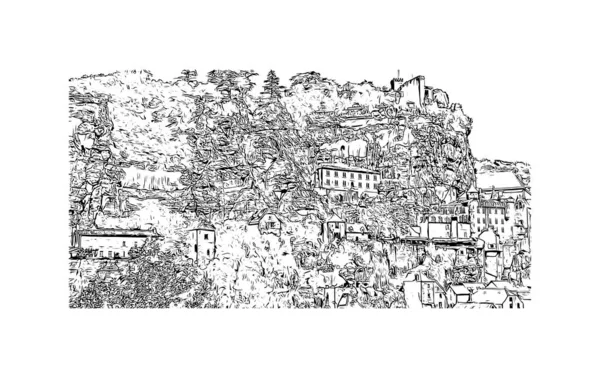 Вид Print Building Орієнтиром Рокамадур Комуною Франції Намальована Вручну Ілюстрація — стоковий вектор