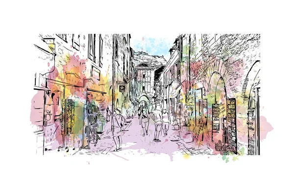 Tisk Pohled Budovu Orientačním Bodem Rocamadour Obcí Francii Akvarelové Stříknutí — Stockový vektor