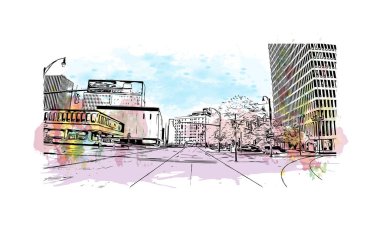 Print Building view with landmark of Rochester is the city in New York State. Vektör içinde El çizilmiş çizim ile suluboya sıçraması.