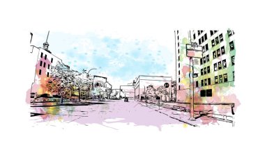 Print Building view with landmark of Rochester is the city in New York State. Vektör içinde El çizilmiş çizim ile suluboya sıçraması.