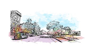 Print Building view with landmark of Rochester is the city in New York State. Vektör içinde El çizilmiş çizim ile suluboya sıçraması.