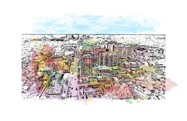 Print Building view with landmark of Rochester is the city in Minnesota. Vektörde elle çizilmiş resim ile suluboya sıçraması.