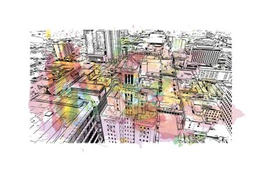 Print Building view with landmark of Rochester is the city in Minnesota. Vektörde elle çizilmiş resim ile suluboya sıçraması.