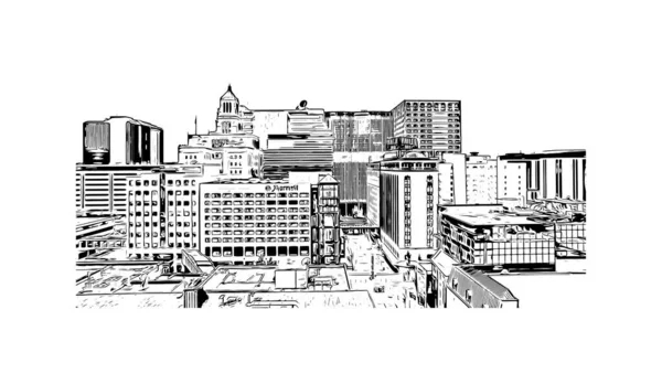 印刷ロチェスターのランドマークとビルのビューは ミネソタ州の都市です 手描きのスケッチ図ベクトル — ストックベクタ