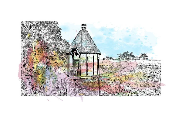 Print Building view with landmark of Rochester is the city in Minnesota. Vektörde elle çizilmiş resim ile suluboya sıçraması.