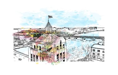 Rockford 'un simgesi olan Print Building view kuzey Illinois' de bir şehirdir. Vektörde elle çizilmiş resim ile suluboya sıçraması.