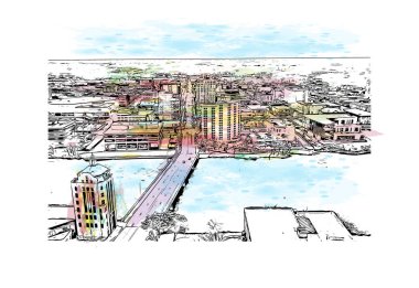 Rockford 'un simgesi olan Print Building view kuzey Illinois' de bir şehirdir. Vektörde elle çizilmiş resim ile suluboya sıçraması.