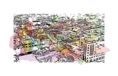 Rockford 'un simgesi olan Print Building view kuzey Illinois' de bir şehirdir. Vektörde elle çizilmiş resim ile suluboya sıçraması.