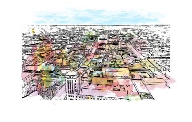 Rockford 'un simgesi olan Print Building view kuzey Illinois' de bir şehirdir. Vektörde elle çizilmiş resim ile suluboya sıçraması.