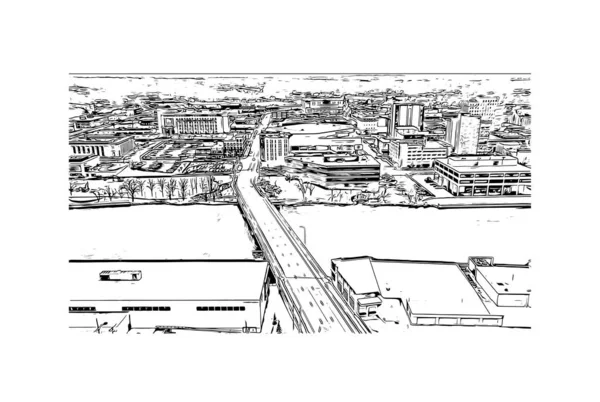 罗克福德的标志性建筑是伊利诺伊州北部的一个城市 矢量手绘草图 — 图库矢量图片