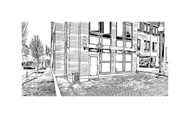 Rockville 'in simgesi olan Print Building Manzarası, Maryland' deki bir şehirdir. Vektörde elle çizilmiş çizim çizimi.